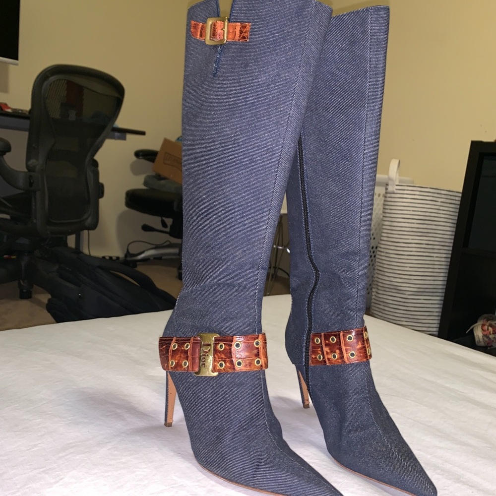 Christian Dior denim buckle boots